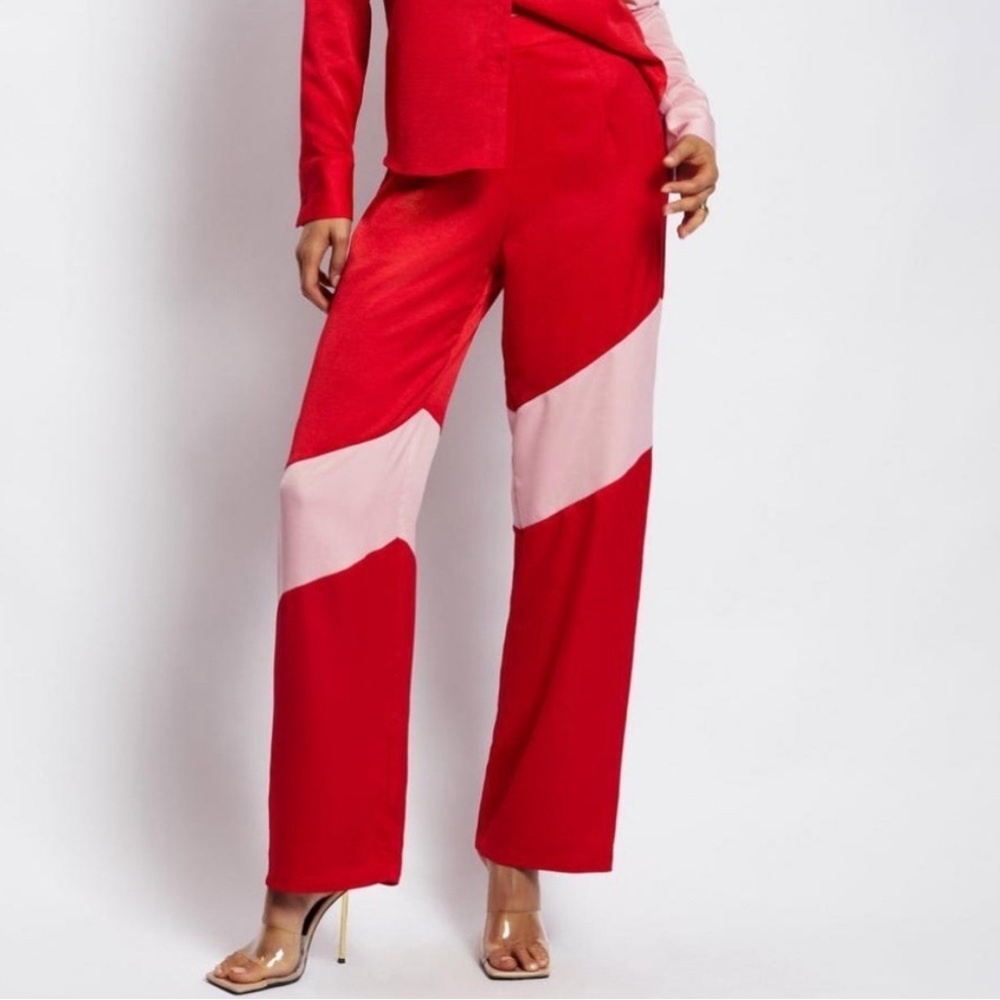 Meshki Satin High Waisted Contrast Stripe Wide Leg Trousers Pants Red Pink XS